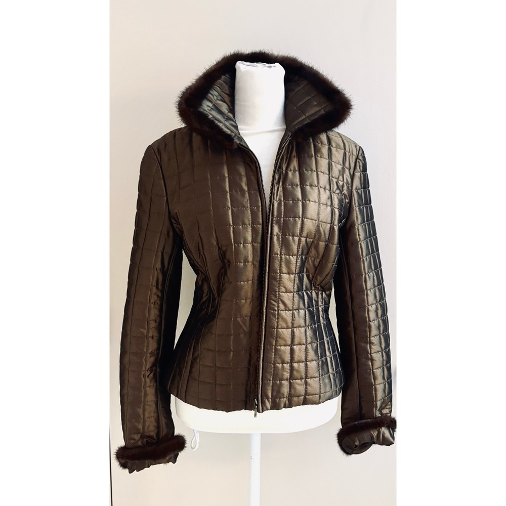 Adrienne Vitadini Silk Brown Jacket with Mink Cuff and Collar Trim- Size 4